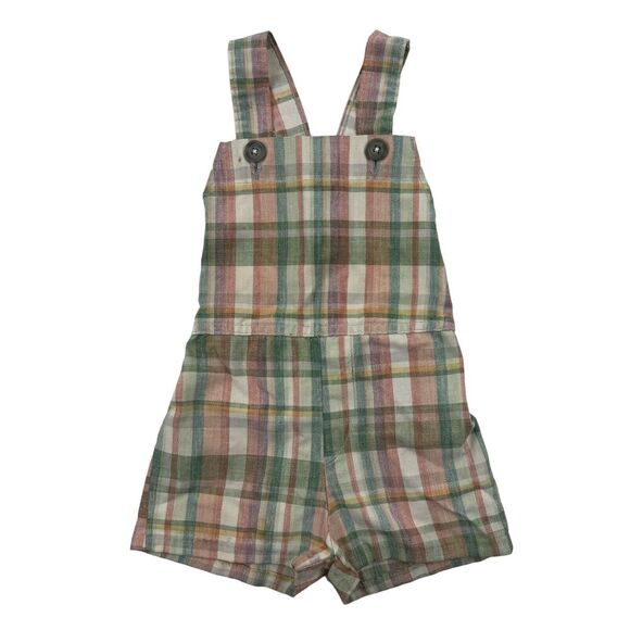 VTG Billy The Kid Shortalls Overalls Plaid Size 3 Unisex Green Tan Rose Pink - Picture 1 of 5